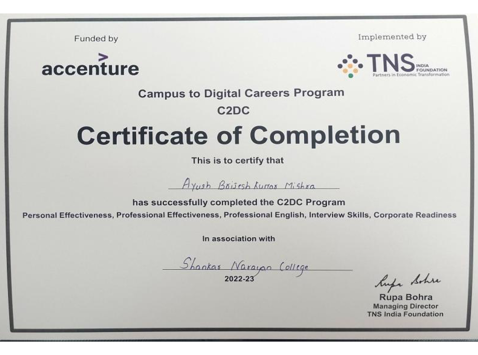 TNS Foundation Certificate