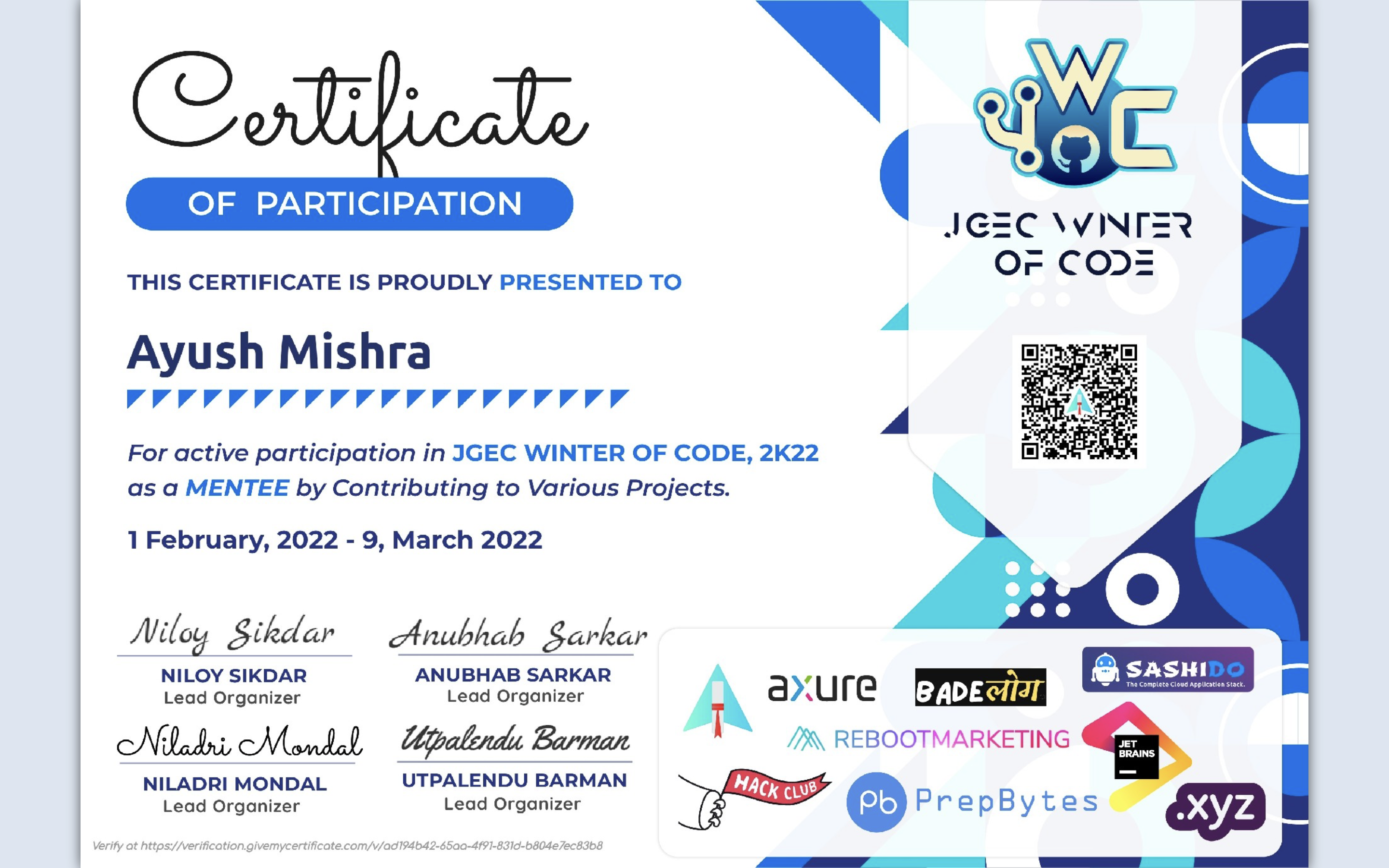 JWOC Certificate