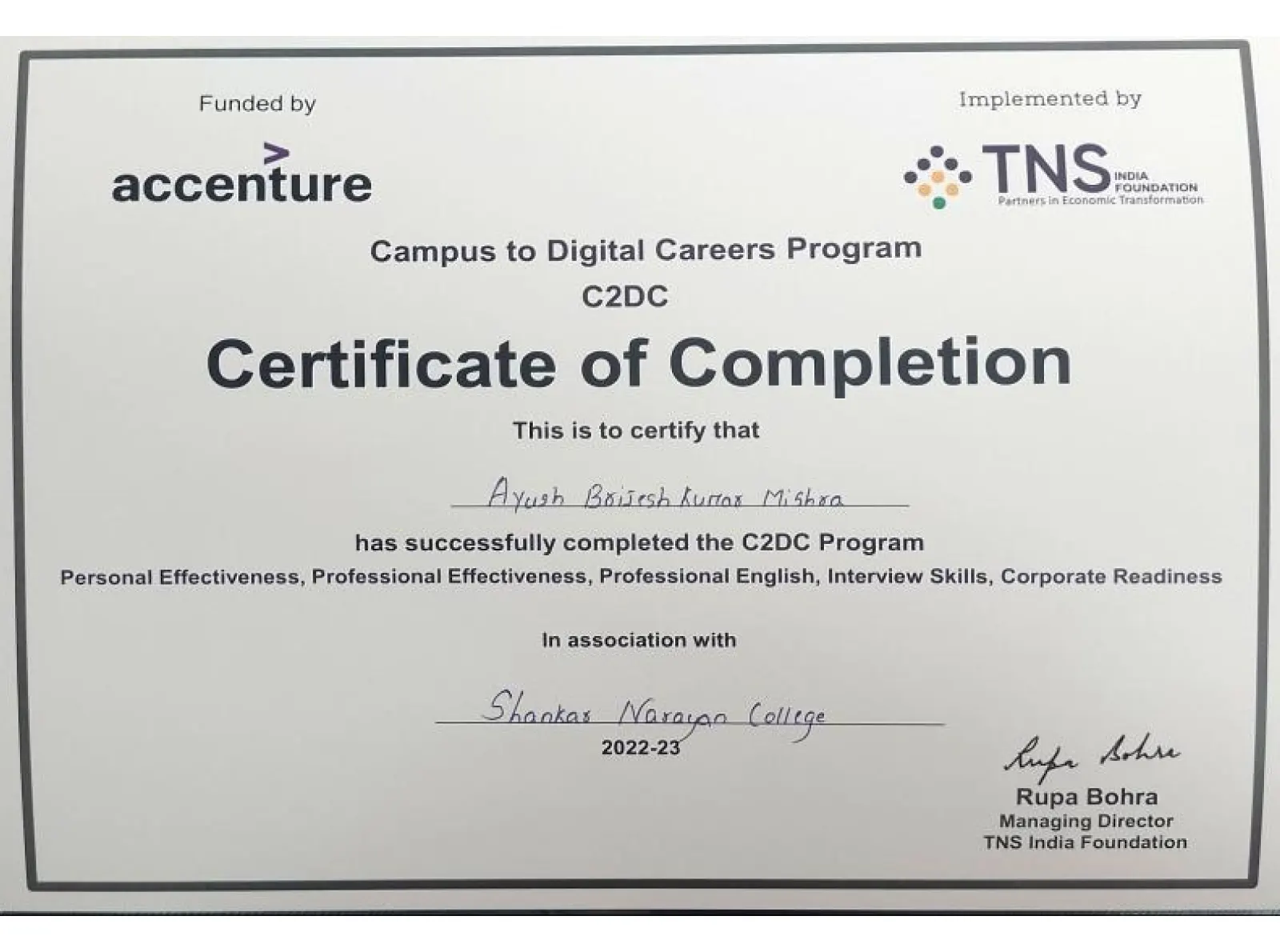 TNS Foundation Certificate